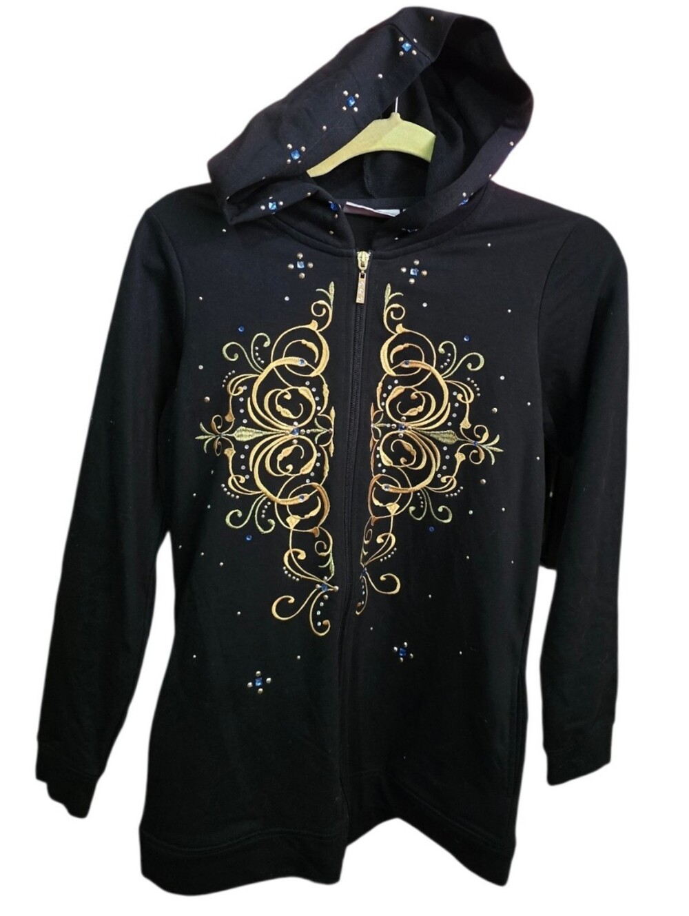 QUACKER FACTORY Jacket Womens Black Hoodie Rhinestones Zip Bling Size XXS